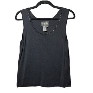 Gardy Black Beaded Scoop Neck Knit Tank Top Shell Sleeveless Stretch Size L
